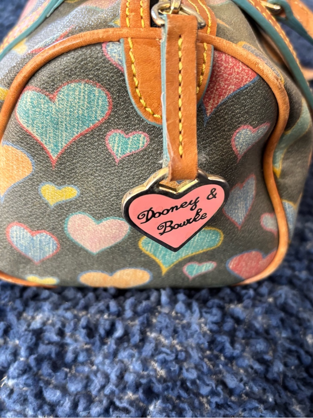 Dooney & Bourke Multicolor Heart Print Barrel Bag with Tan Trim - Picture 3 of 8